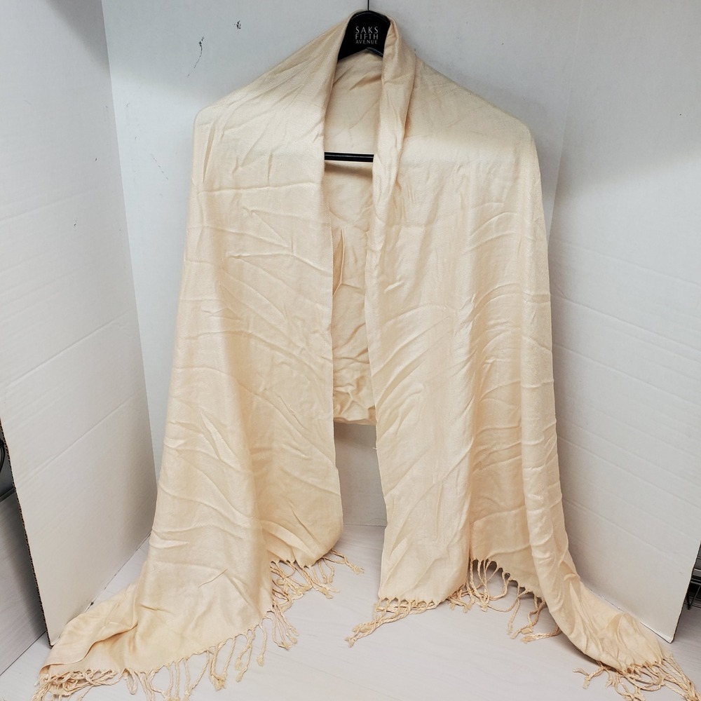 Pashmina 100% Cashmere Scarf Shawl Cream Champagne Fringe Tassels 74x27 Coquette